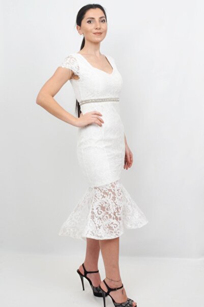 ALİS DRESS Kadın Beyaz Beli Taş Detaylı Dantelli Elbise