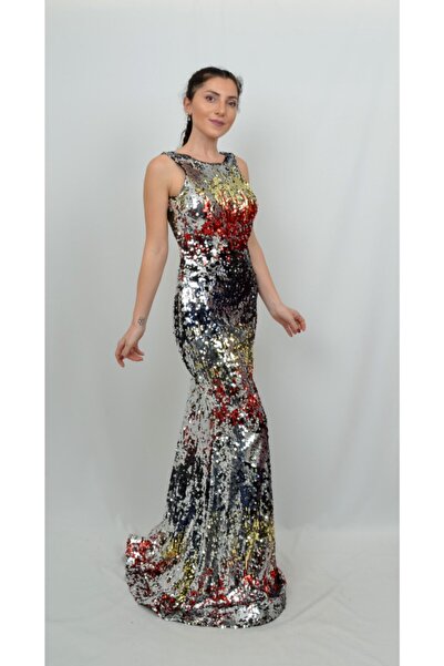 ALİS DRESS Kadın Mavi Pul İşlemeli Abiye