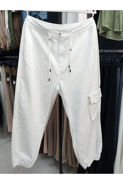 AKŞEN GİYİM White Cargo Pocket - Elastic Waist and Leg Women's Trousers, Large Size