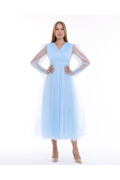 Asees Front Double Breasted Long Sleeve Tulle Evening Dress