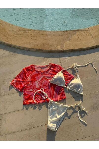 elifbilginbutik طقم بيكيني ساتان أبيض - نمط رخامي، طقم 3 قطع، موديل برازيلي