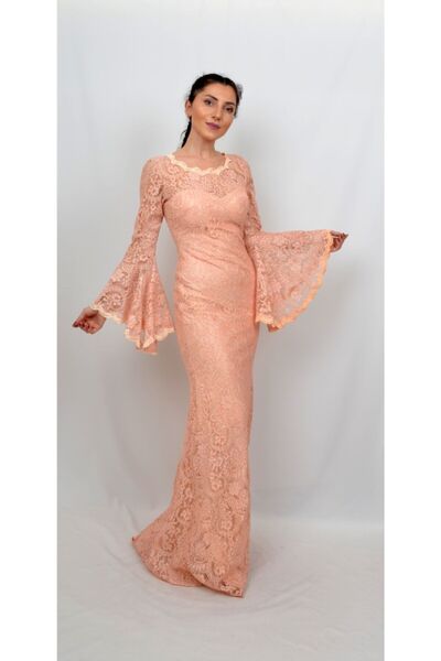 ALİS DRESS Kadın Somon Rengi Kolları Volanlı Simli Dantel Tesettür Ucuz Abiye