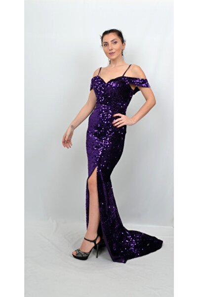 ALİS DRESS Kadın Mor Rengi Pul İşlemeli Düşük Omuzlu Abiye
