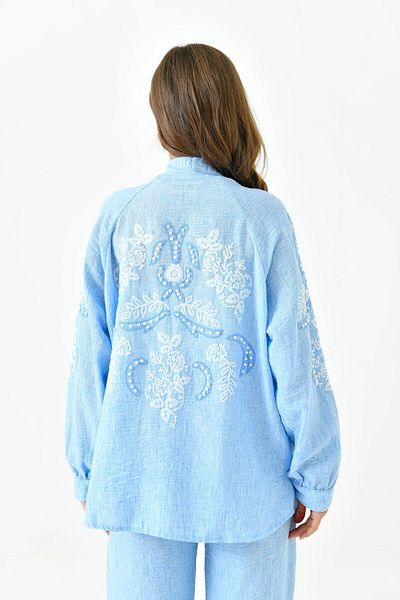 lovebox High Waist and Embroidery Sequin Detailed Long Sleeve Shirt and Wide Leg Pants Set with Pockets - 218