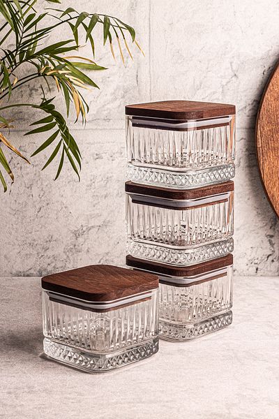 Snippy Bella Square 4-Piece Wooden Vacuumed Glass Breakfast Multi-Purpose Glass Snack Bowl with Square Lid 230 ml
