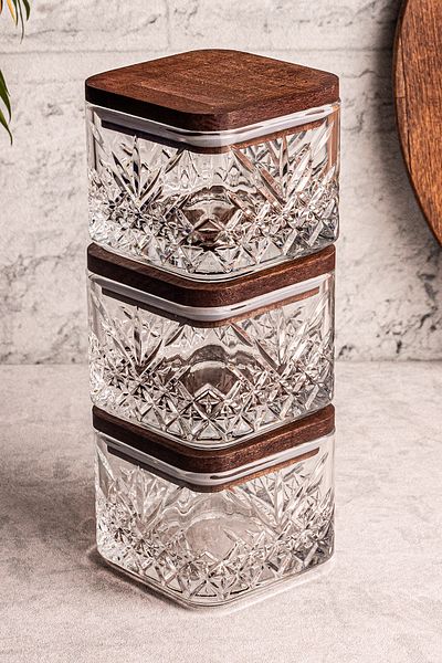 Snippy Milla Square 3-Piece Wooden Vacuumed Glass with Square Lid Breakfast Multi-Purpose Glass Snack Bowl 230 ml