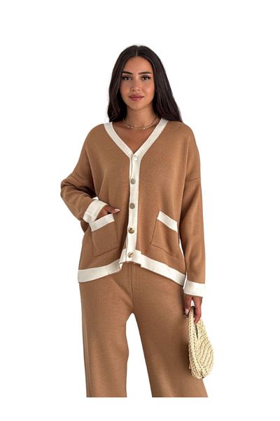 WOMAN VISION Knitwear Women's Double Set - Metal Buttoned Cardigan and Wide Leg Trousers LAP-002