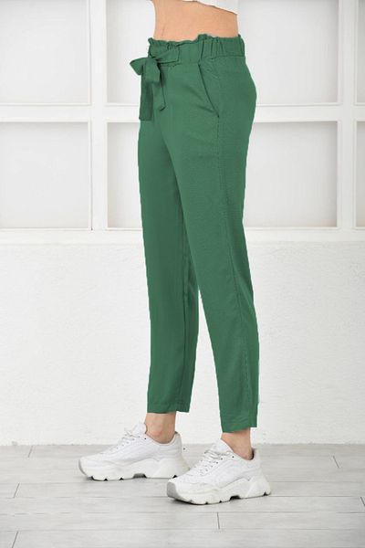 diaves Women's Summer Belmando Fabric Green Linen Trousers with Elastic Waist and Belt Detail