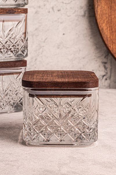 Snippy Milla Square 4-Piece Wooden Vacuumed Square Glass Breakfast Multi-Purpose Glass Snack Bowl with Lid 230 ml