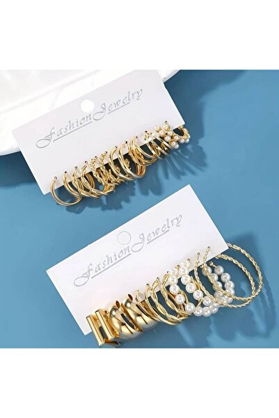 Perry Accesories 12 Adet Küpe Çoklu Kombin Incili Klipsli Halka Set Küpe 12 Çift Kadın Gold Küpe Seti