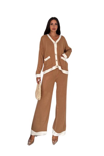 WOMAN VISION Knitwear Women's Double Set - Metal Buttoned Cardigan and Wide Leg Trousers LAP-002