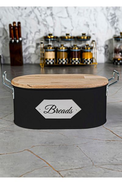 Doğa Dizayn Black Metal Plate Wooden Cut Bread Box - Wooden Basket
