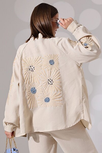 WOMAN VISION Nakış ve Pul Detaylı Uzun Kollu Kimono Ceket ve Cepli Yüksek Bel...