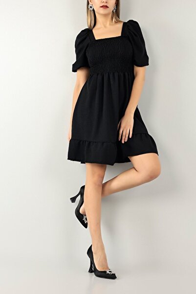 KaSheHa Siyah Carmen Kare Yaka Bürümcük Kumaş Gipeli Elbise 95 Cm