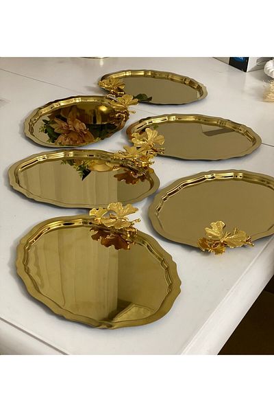 Elzemm store 6 Pieces Oval Model Serving Tray with Butterfly Accessories - 20*25 CM Gold Color