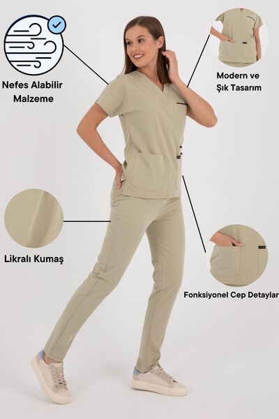 VİZYON UNIFORM Premium Likralı Açık Bej Hemşire Forması Cerrahi Takım, Hemşir...