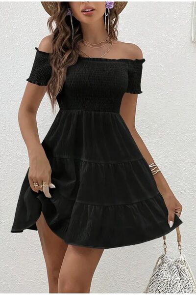 KaSheHa Siyah Eteği Fırfırlı Karmen Yaka Kol Detaylı Kiloş Elbise 90 Cm