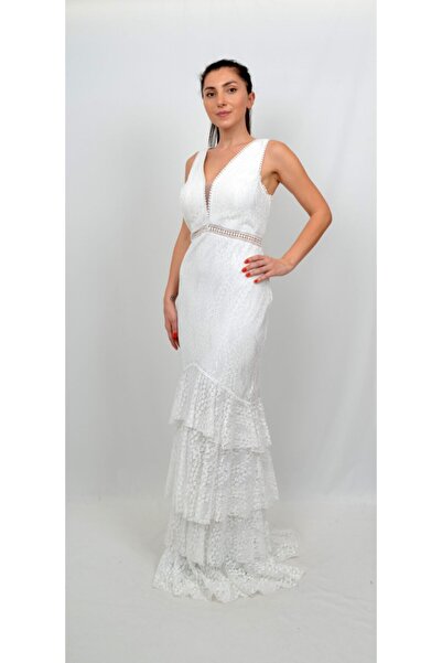 ALİS DRESS Kırık Beyaz Eteği Fırfırlı Dantel Abiye