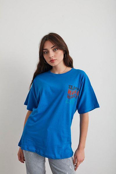 Mad&Calf Γυναικείο μπλουζάκι Saks Blue Travel Printed Oversize