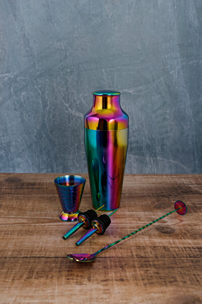 TheBRo Rainbow Kokteyl 550ML Shaker, Bar Kaşığı, Jigger, 2 Adet Şişe Dökücü Set