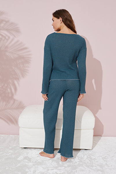 Siyah İnci Petrolově zelená vyšívaná tenká bavlněná sezónní sada pyžama