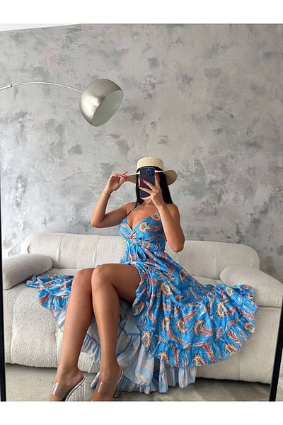 veira Satin șifon albastru cu model etnic