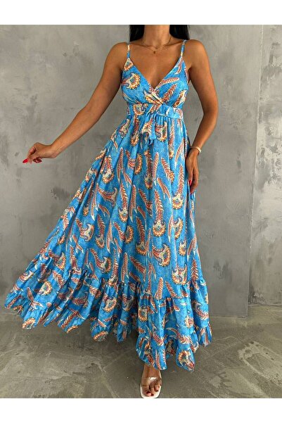 veira Satin șifon albastru cu model etnic