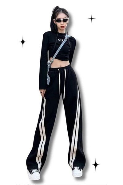 EDVESS Μαύρο ριγέ παντελόνι με ψηλή μέση - Streetwear Fashion Casual παντελόνι