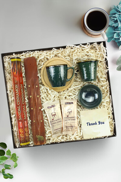 Trendmiya Yeşil Renk Kahve Sunum Seti & 2'li Tek İçimlik Mehmet Efendi Türk K...