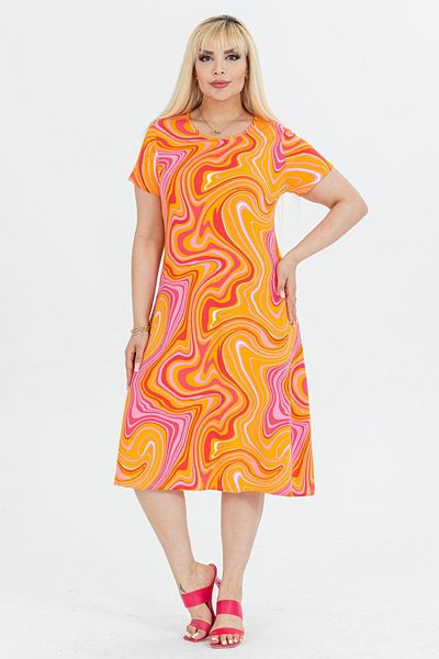 Madwilo Women's Orange Pink Wave Pattern Basic Midi Dress