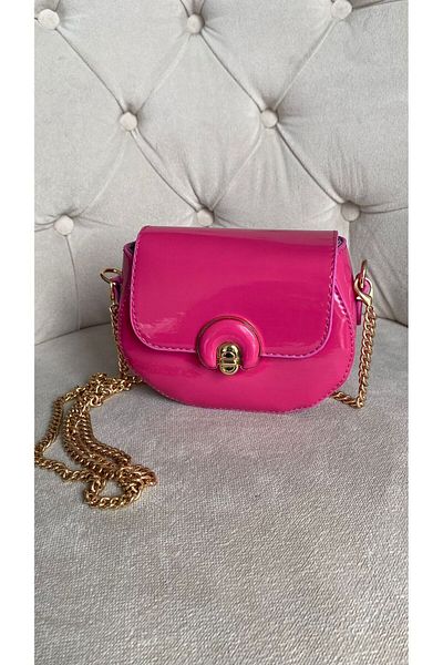 Mercan Stores Women's Pink Mini Shiny Patent Leather Accessory Chain Shoulder Strap Buckle Coin Bag