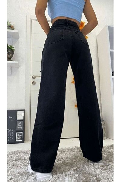 LAMİRAMOOD Μαύρο φαρδύ παντελόνι Palazzo ψηλόμεσο Lycra Super Quality Jeans