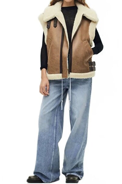 ARDSU Kadın Suni Deri Yelek ,Kürklü  Fermuarlı ve Boğazlı Kışlık Yelek