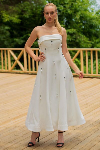 SpringStore Ecru Strapless Evening Dress - Pearl Embroidered