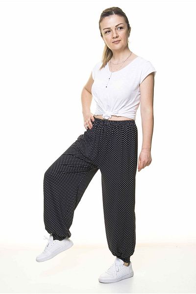 sharin Black Polka Dot Women's Shalwar Trousers - Elastic Waist 8c-4007