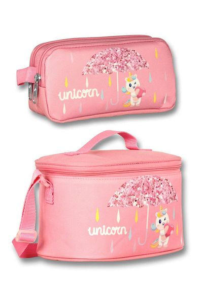 ÜMİT ÇANTA Pink Cennec Glitter Fabric - Girl's Thermal Insulated Lunch Box and Pen Holder Set