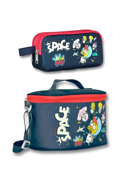 ÜMİT ÇANTA Kral Şakir Space - Navy Blue, Boy's Thermal Insulated Lunch Box and Two Compartment Pen Holder Set