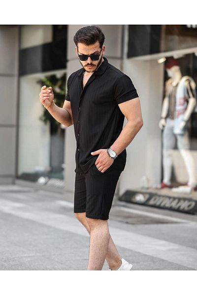 Tex Republic Ανδρικό Σετ Στριφτό Σορτς και Πουκάμισο Oversize - Μαύρο