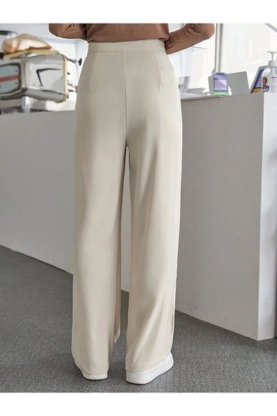 GRİLAND Women's Beige High Waist Pleated Palazzo Trousers