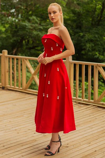 SpringStore Strapless Red Pearl Embroidered Evening Dress
