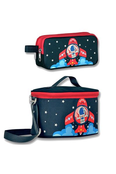 ÜMİT ÇANTA Red Cennec Astranot Printed Thermal Insulated Lunch Box and Pen Holder Set for Boys