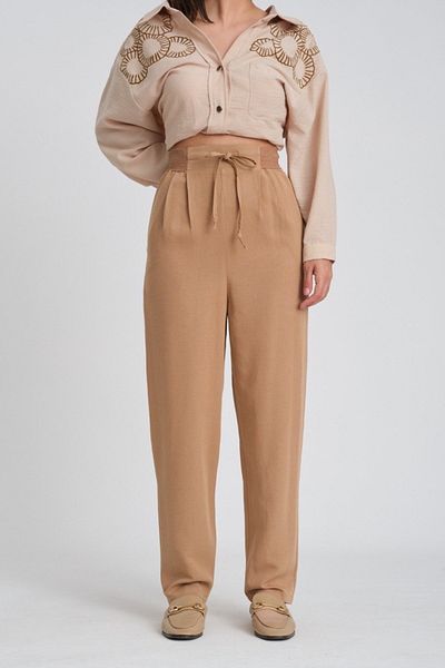 Suzi butik Linen Textured Rubber Waist Camel Trousers - 50826