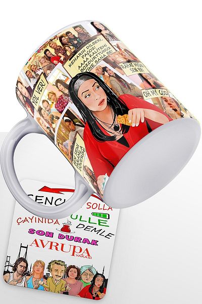 remonz European Side Series Şahika Koçarslanli Printed White 100% Porcelain Mug and Coasters