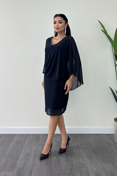 giyimmasalı Navy Blue Atlas Fabric Chiffon Pencil Dress with Brooch Detail