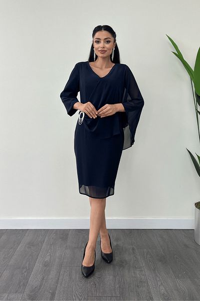 giyimmasalı Navy Blue Atlas Fabric Chiffon Pencil Dress with Brooch Detail