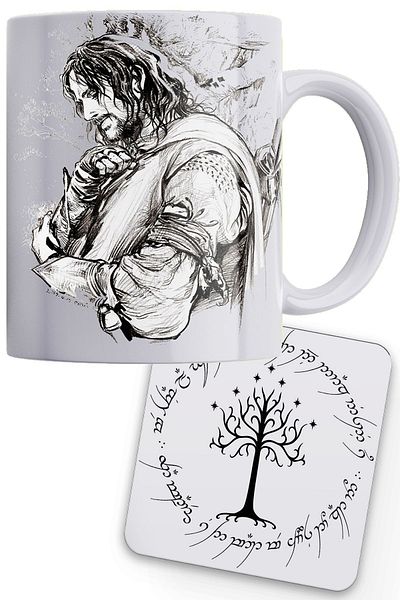 remonz Lotr Charcoal Printing Series Aragorn 100% Porcelain White Mug Wooden Coaster