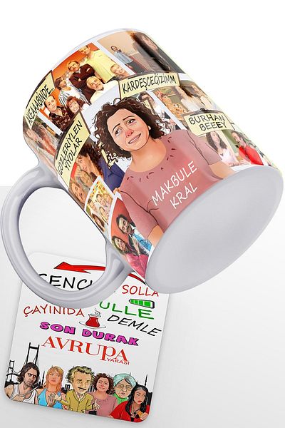 remonz European Side Series Makbule King Printed White 100% Porcelain Mug and MDF Coaster