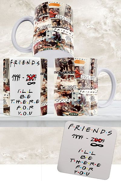 remonz Friends Series Collage 3 Sided Printed White Porcelain Mug Cup And Wooden Coaster