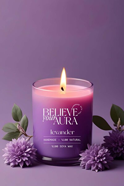 Believe Your Aura Lavanta Kokulu Mum - %100 Doğal Soya Mumu Mor Bardak Mum - ...