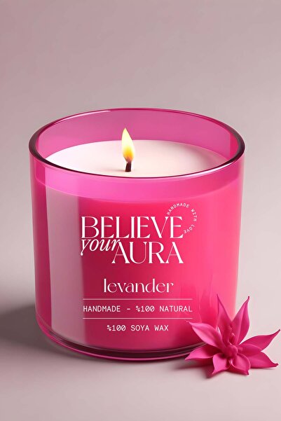 Believe Your Aura Lavanta Kokulu Mum -  %100 Doğal Soya Mumu Fuşya Bardak Mum - 300 cc